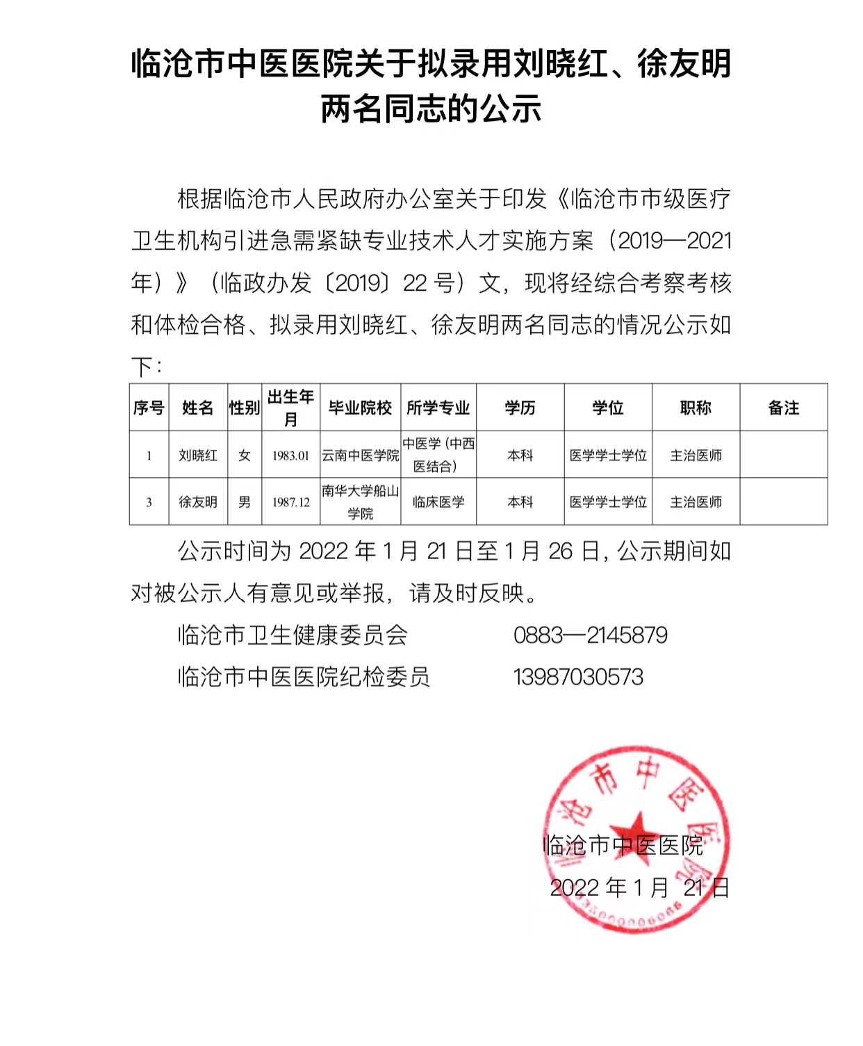 關(guān)于擬錄用劉曉紅、徐友明兩名同志的公示